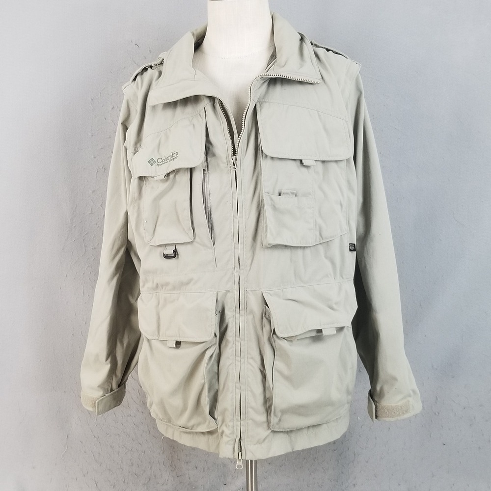 Columbia Jacket Mens Large Tan GRT Packable TM3610 Hooded Multi-Pocket Utility